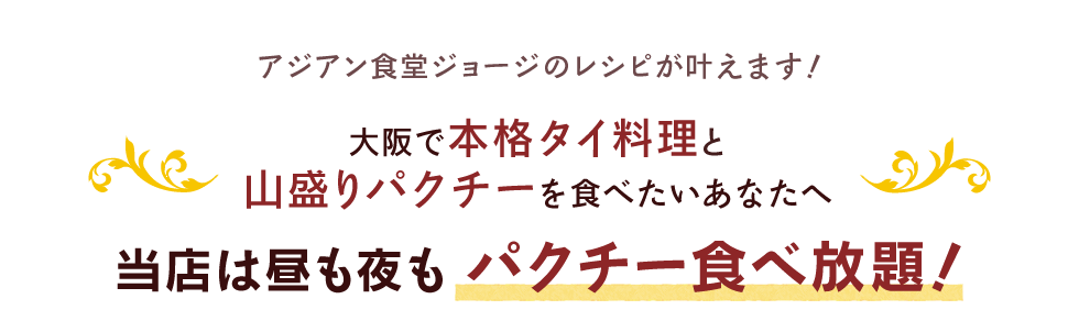 パクチー食堂ジョージのレシピが叶えます！ 大阪で本格タイ料理と山盛りパクチーを食べたいあなたへ 当店は昼も夜も パクチー食べ放題！